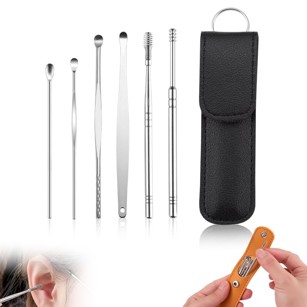 6-in-1 Stainless Steel Ear Wax Cleaner Kit with Leather Pouch | Reusable & Travel-Friendly